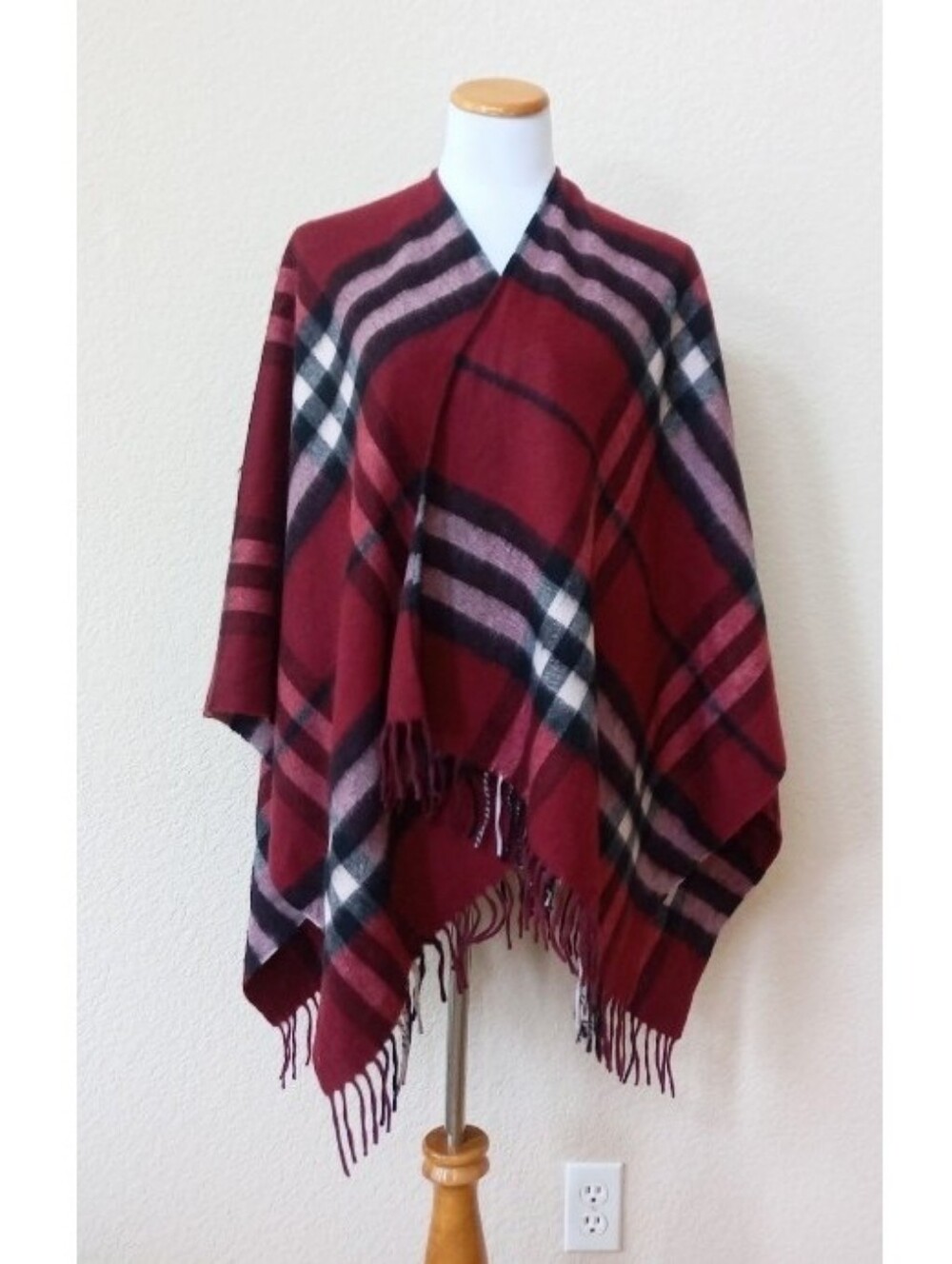 Edinburgh lambswool burgundy plaid poncho wrap with fringe hem